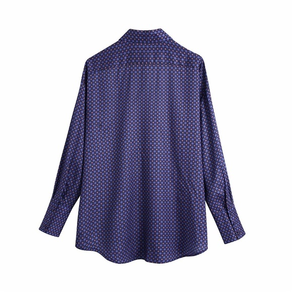 NEW Zara Purple Geometric Print Long Sleeve Shirt Satin Button Down Patterned - Picture 2 of 5